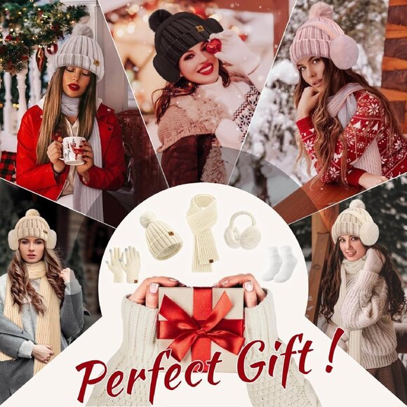 Winter Beanie Hat Scarf Gloves Ear Muffs Fuzzy Socks 5pc Set for Women - Picture 4 of 4